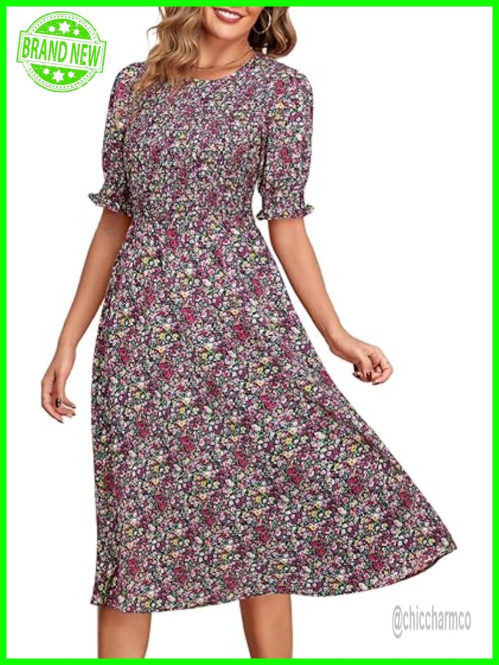 Smocked Puff Sleeve Floral A-Line Midi Dress with Pockets